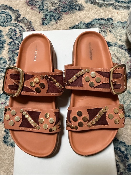 Free People Shoes - Free People Tan Leather Studded Double-Strap Slide Sandals